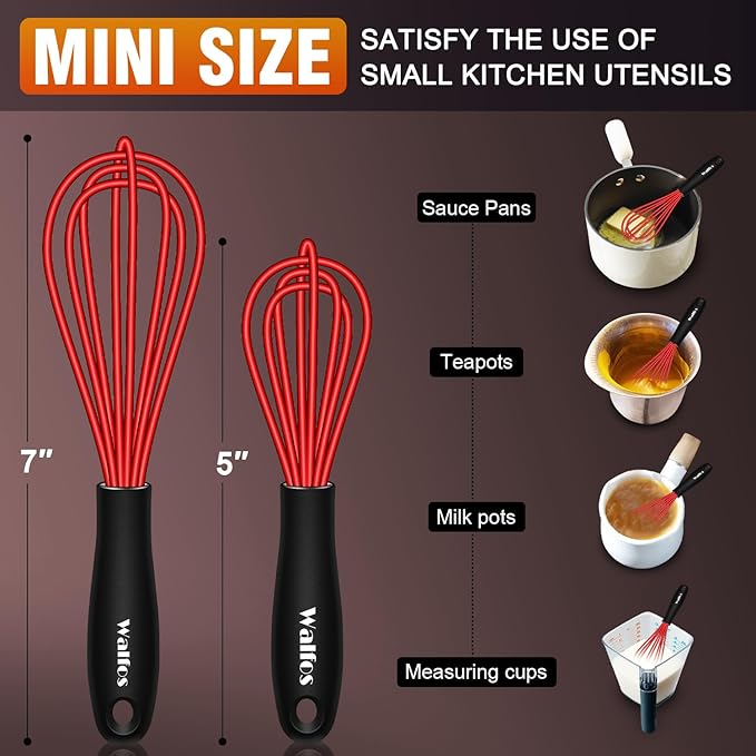 Walfos Mini Whisk Red Small whisk-Non Scatch Rubber Coated Whisk,small silicone whisk 5 & 7 inch Tiny Whisk,Nice for mixing and stirring small batches of powder and sauce in small bowl containers.2pcs