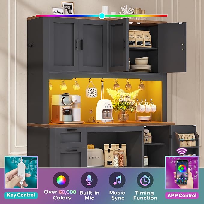 Itaar 71" Pantry Cabinet with Charging Station and LED Light, Kitchen Pantry Cabinet with Microwave Stand, 47.2" Wide Kitchen Storage Cabinets with Storage Cart 3 Tier for Dining Room, Black