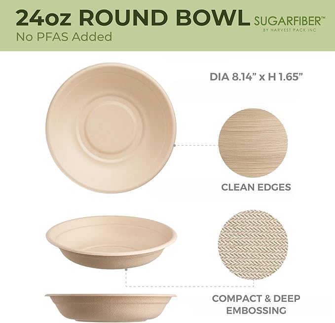 [50 COUNT]Sugarfiber by Harvest Pack PFAS FREE 24oz Round Paper Bowls - Compostable Heavy-Duty Eco-Friendly Disposable Bagasse Bowl sugarcane made plant fibers for Meal Prep