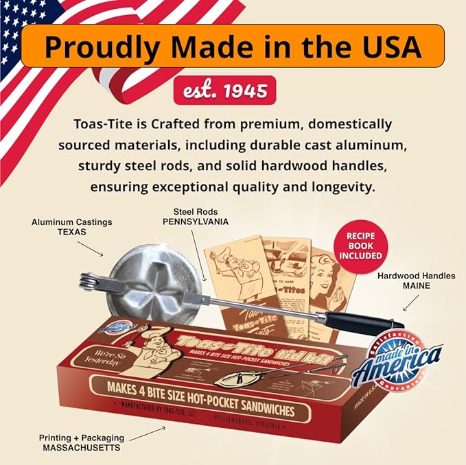 Handheld Sandwich Maker (Tid Bit), Portable Sandwich Grill & Panini Press, Cast Aluminum Pie Iron, 1945 Retro Stovetop & Campfire Toaster for Hot Sandwiches, Pies, Paninis, RV & Camping