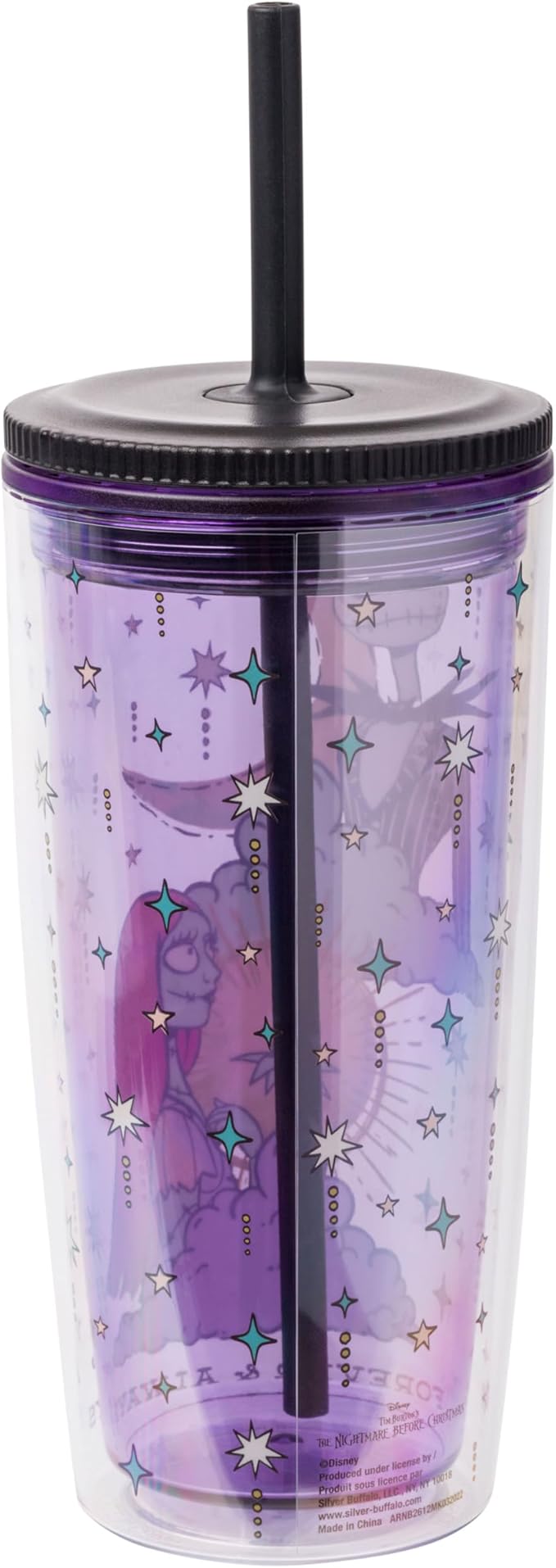 Silver Buffalo Disney Nightmare Before Christmas “Forever and Always” Spill Resistant Plastic Tumbler Featuring Jack Skellington and Sally, 20 Ounces