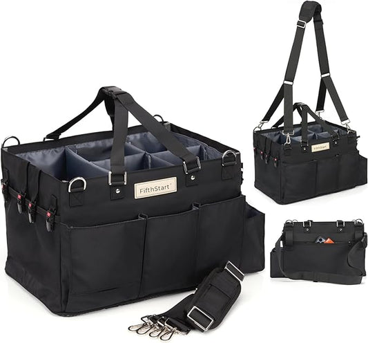 FifthStart Cleaning Supplies Organizer Tote & Caddy - X-Large, Black Nylon - Adjustable Straps for Cleaning Tote - 9 Pockets & Dividers in Organizer Bag - Durable Nylon Construction for Diaper Caddy