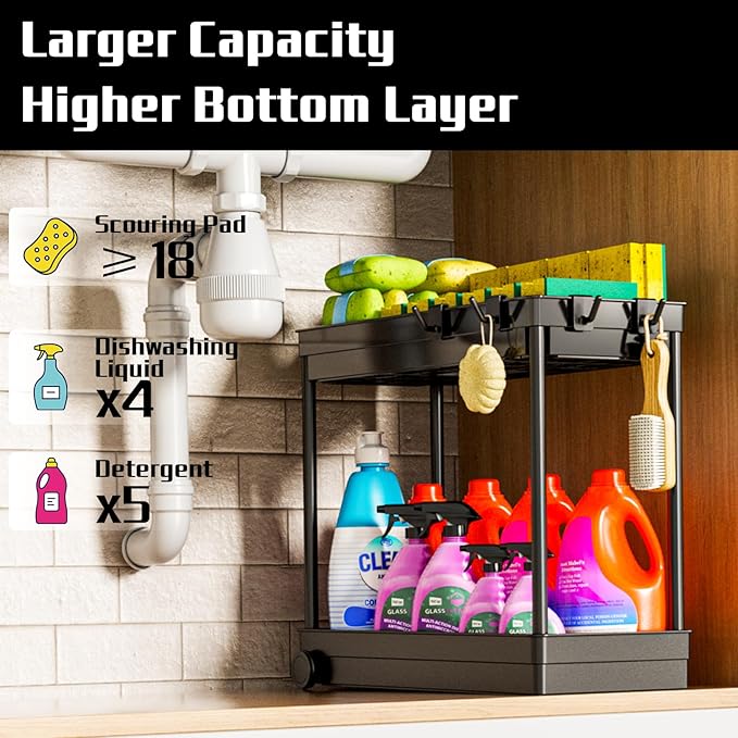 Under Sink Organizer, Under Cabinet Basket Organizer Drawer with Hooks, Bathroom Standing Rack, Multi-purpose Storage Shelf, Black