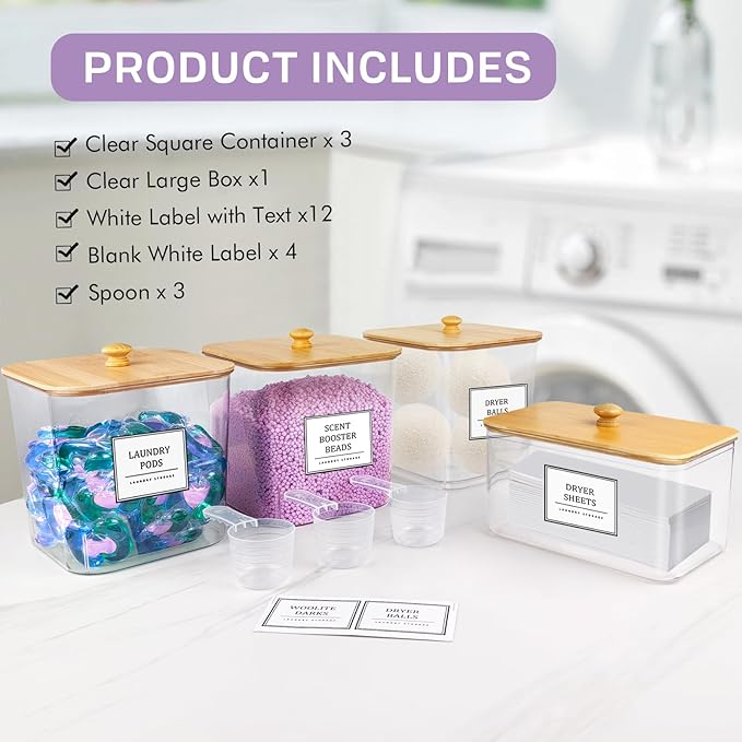 Laundry Pods Storage Container, Clear Laundry Room Organization and Storage ,Detergent Powder Container,with Wooden Lids & Labels, 3+1 Pack