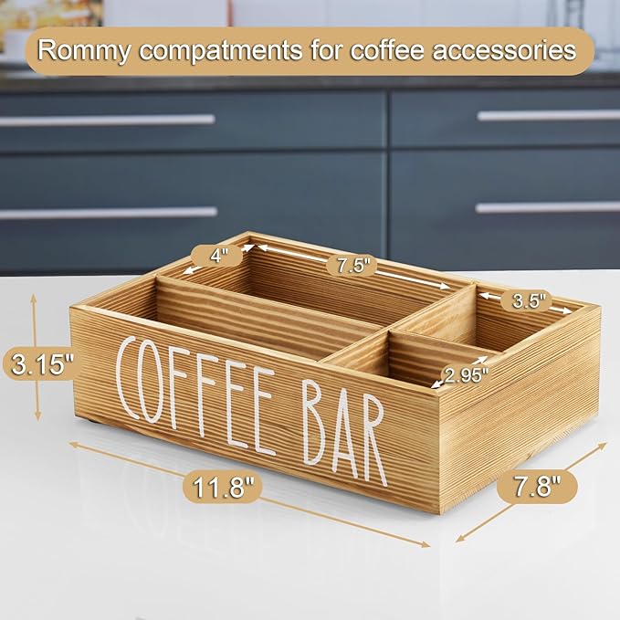ALELION ALEION Brown Coffee Station Organizer - Wood Coffee Bar Accessories Organizer with Removable Dividers for Pods Condiment Syrup Tea Cups Stirrers - for Farmhouse Coutertop Decor