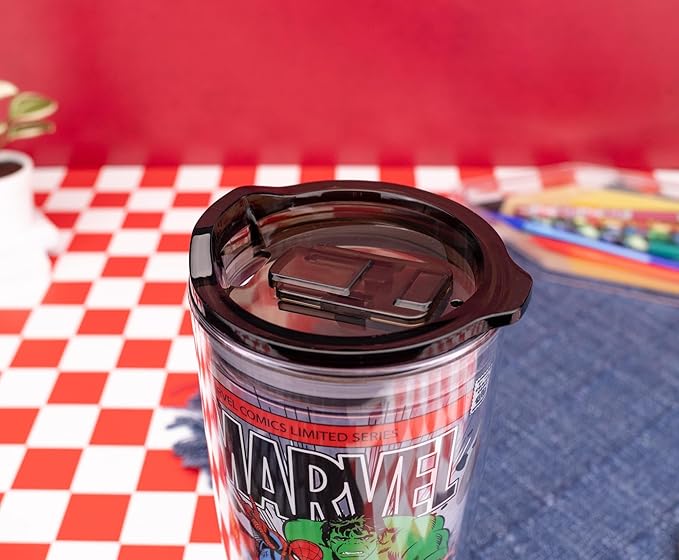 Silver Buffalo Marvel Avengers Featuring Spider-Man, Captain America, Thor, Hulk, and Iron Man Double Wall Travel Tumbler with Slide Close Lid, 20 Ounces