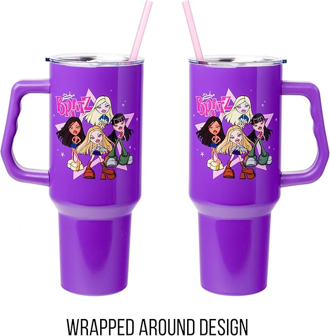 Silver Buffalo Bratz Featuring Cloe, Yasmin, Jade, and Sasha Stainless Steel Tumbler with Handle and Straw, Fits in Standard Cup Holder, 40 Ounces