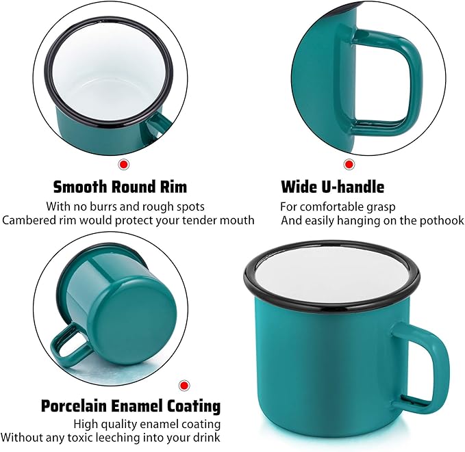 P&P CHEF Enamel Camping Coffee Mug Set of 6, Small Colored Mugs Cups for Family Gathering/Friend Party/Camping/Picnic/Fishing, Lightweight & Portable -12 Ounce, 350ML & Green