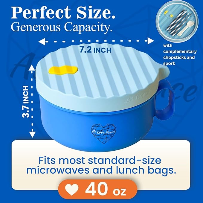 AI LOVE PEACE Ramen Bowl, 40 oz Microwaveable Noodle Cooker for Ramen, Pho, Soup, and Pasta, Dishwasher Safe and Portable, Ideal for Home, Office, Dorm, or Gift (Blue)