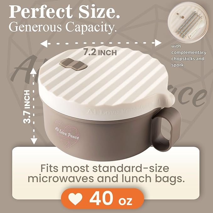 AI LOVE PEACE Ramen Bowl, 40 oz Microwaveable Noodle Cooker for Ramen, Pho, Soup, and Pasta, Dishwasher Safe and Portable, Ideal for Home, Office, Dorm, or Gift (Beige)