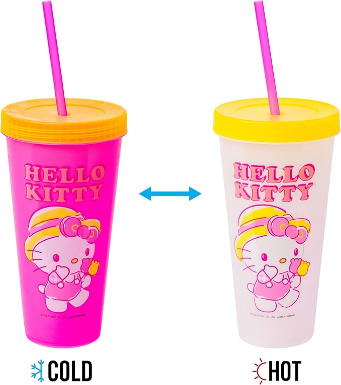 Silver Buffalo Sanrio Hello Kitty Summertime Gardening 4-Pack Color Changing Plastic Tumblers Includes Lid and Straw, 24 Ounces