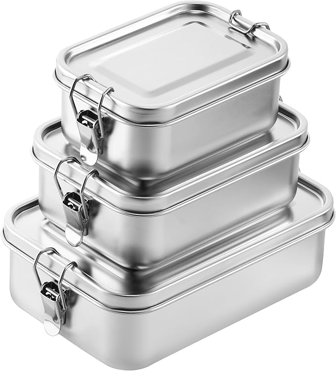 Umigy 3 Pcs Stainless Steel Food Containers 850/1400/2400 ml Metal Bento Lunch Box Stainless Steel Food Storage Containers, Lockable Clips to Leak Proof, Reusable Dishwasher Snack Boxes for Work