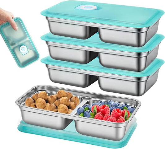 3 Pack Leakproof Stainless Steel Snack Containers with Secure Sealed Lids, Reusable 2 Compartment Bento Boxes for Lunch Prep, Travel, School & Office Stainless Steel Lunch Box