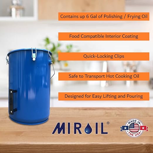 MirOil 6-Gallon Fryer Grease & Oil Disposal Caddy – Model #30L – Steel Bucket w/Locking Lid – Used Hot Oil Container – Food Safe Cooking Grease Bucket w/Lid – Commercial Food Truck Accessories