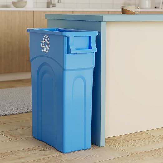 United Solutions Highboy Recycling Bin, 23 Gallon, Space Saving Slim Profile and Easy Bag Removal, Indoor or Outdoor Use, Integrated Handles for Easy Carrying, 4-Pack, Recycle Blue