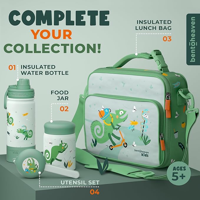 Bentoheaven Kids Travel Utensils with Case, Food-Grade Stainless Steel & BPA-Free Plastic, Travel Kid Cutlery Set, Dishwasher Safe Fork, Spoon & Case, Reusable Flatware, Silverware for Kids(Chameleon)