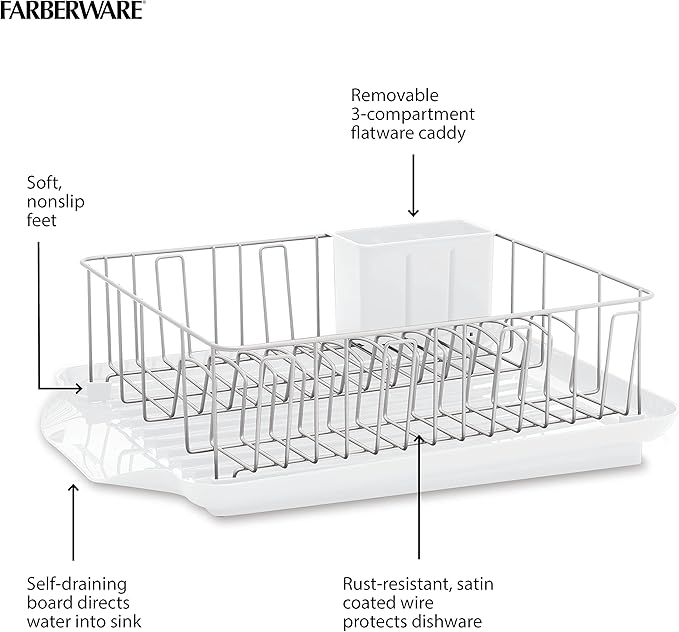 Farberware Classic Large Rust Resistant Full Dishrack with Removable 3 Compartment Flatware Caddy, Andlged Drain Board, 3-Piece, White