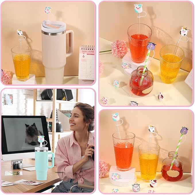 8 PCS Cute Straw Caps Compatible With Stanley 30&40 Oz Tumbler, Reusable Straw Toppers, Drinking Caps for 10 mm Tips (Dairy Cow Style)