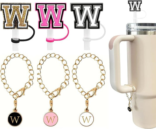 （3 +3) 3PCS Nuozme Straw Cover 10mm For Stanley Tumbler Cup Reusable Straw Cap Topper with 3 Initial Letter Charms Accessories Name ID Personalized Handle Charm For Stanley 30&40 Oz Cup Tumbler