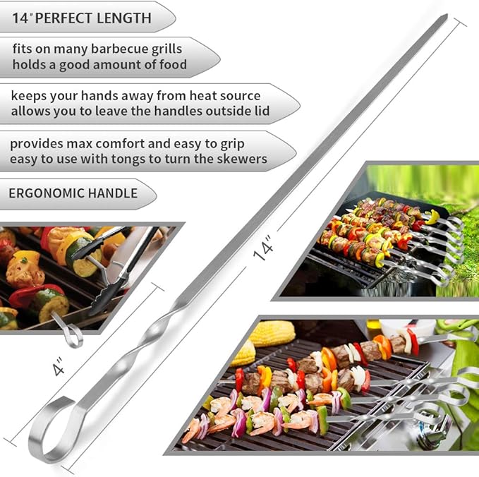 Skewers for Kabobs, 14" Metal Kebab Skewers for Grilling Flat Long Stainless Steel Kabob Sticks, Reusable Grill Shish BBQ Barbecue Sticks for Meat Chicken Vegetable Shrimp, 12 Pack