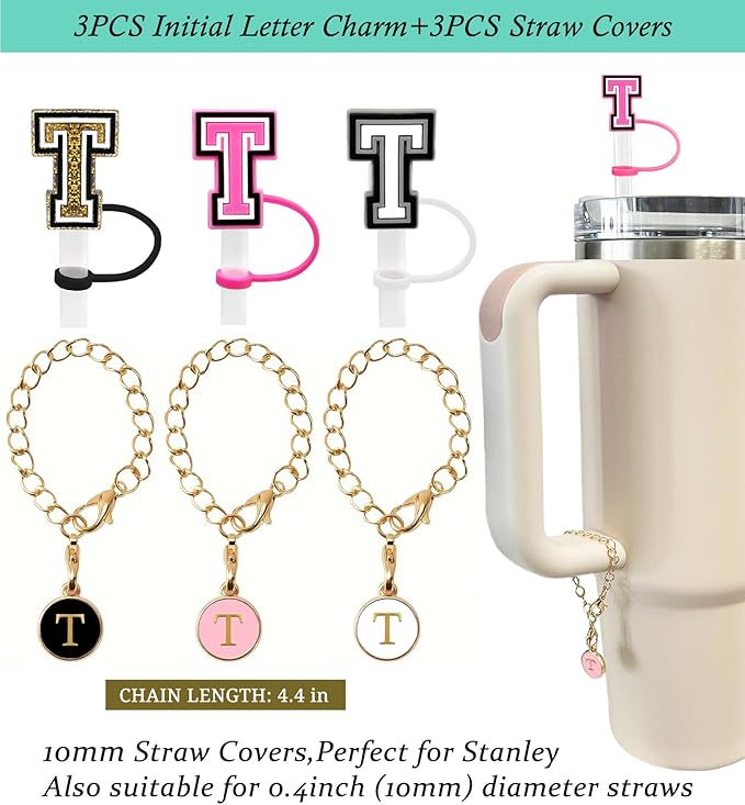（3 +3) 3PCS Nuozme Straw Cover 10mm For Stanley Tumbler Cup Reusable Straw Cap Topper with 3 Initial Letter Charms Accessories Name ID Personalized Handle Charm For Stanley 30&40 Oz Cup Tumbler