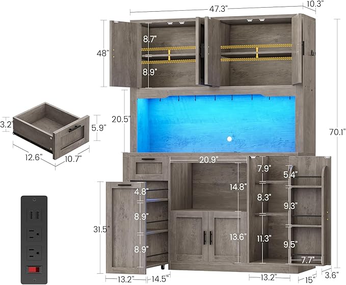 Itaar 71" Pantry Cabinet with Charging Station and LED Light, Kitchen Pantry Cabinet with Microwave Stand, 47.2" Wide Kitchen Storage Cabinets with Storage Cart 3 Tier for Dining Room, Grey