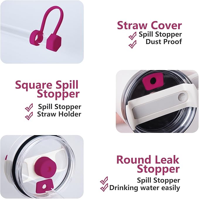Silicone Spill Stopper Set for Tumbler Cup 2.0 30oz & 40oz with Straw Cover (Set of 2, Fuchsia)