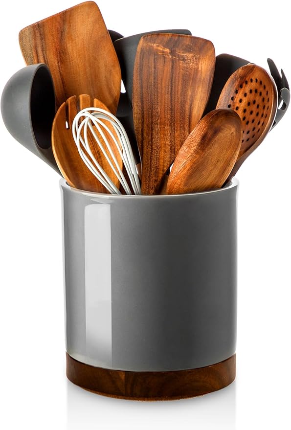 Nucookery 360° Rotating Utensil Holder, 7.2" Large Utensil Crock, White Ceramic Cooking Utensil Organizer with Countertop-Protection Cork Bottom for Farmhouse Kitchen Decor Gift (Gray)