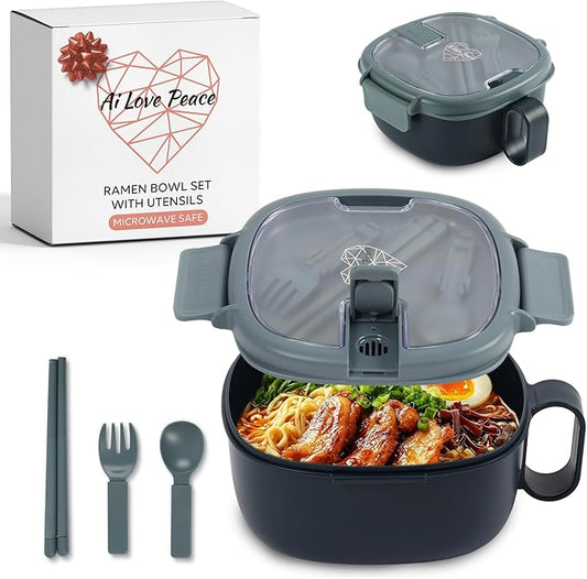 AI LOVE PEACE Microwavable Ramen Bowl with Lid - Leakproof Noodle Container with Built-In Utensils, BPA-Free, Dishwasher & Freezer Safe [Navy]