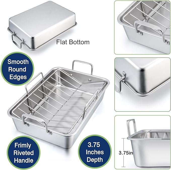 P&P CHEF 16" Roaster Roasting Pan with Baking Rack and V-shaped Rack, Stainless Steel Rectangular Lasagna Pan with Handles for Turkey Chicken, Healthy & Dishwasher Safe, 3 Pieces, Silver