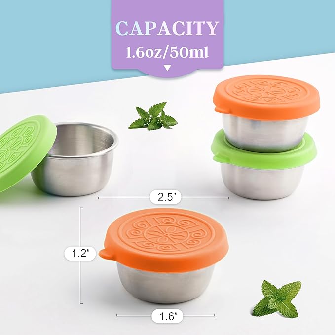 6x1.6 Oz Salad Dressing Containers With Lids, Small Leakproof Reusable Stainless Steel Salad Dressing Container To Go For Lunch Boxes,Sauce containers, Picnics,Travel Meal Prep And Kitchen Storage.