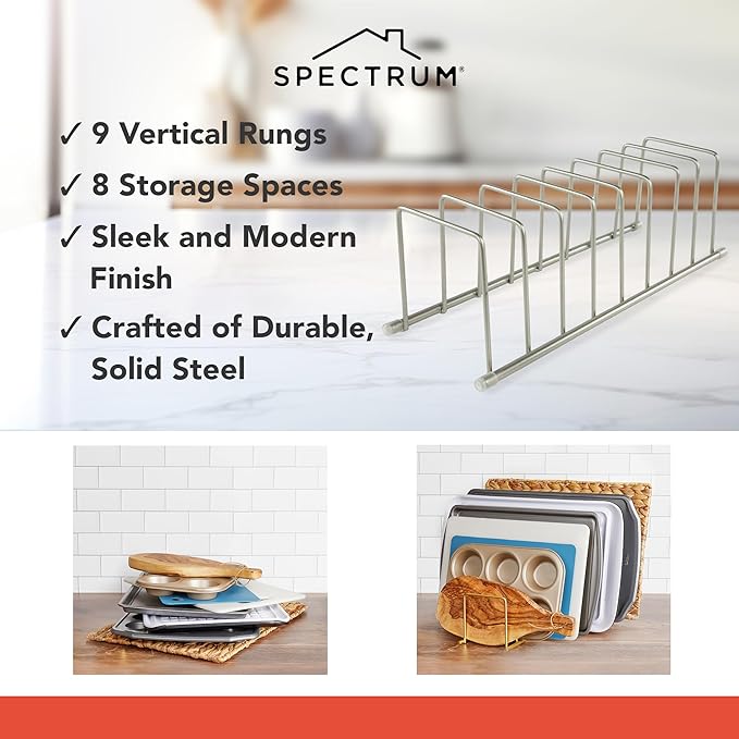 Spectrum Euro Cutting Board Holder Stand for Countertop or Inside Kitchen Cabinet Organization Satin Nickel, 8 Slot Cutting Board Drying Rack or Cabinet Plate Bakeware Storage Organizer