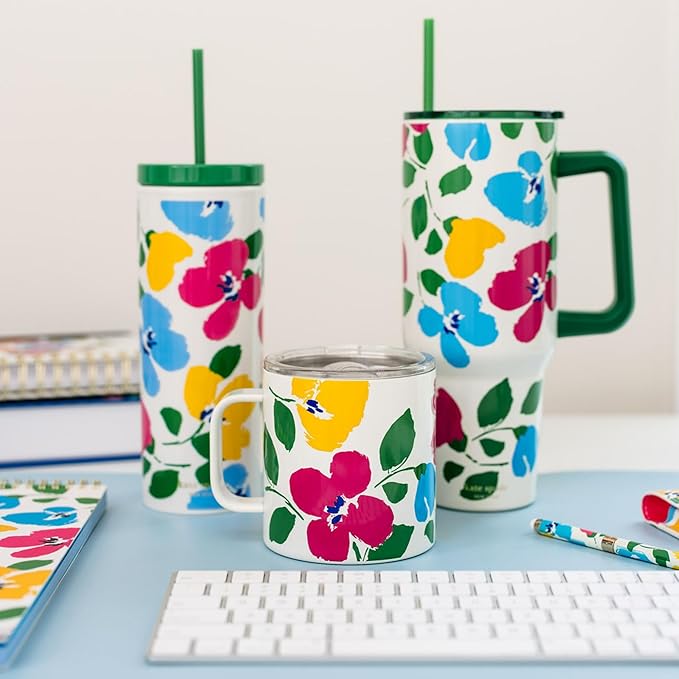 kate spade new york Acrylic Tumbler with Lid and Straw, 24 oz Tumbler, Slim Double Wall Tumbler (Painterly Bouquet)