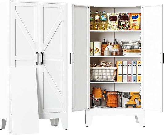 Metal Storage Cabinet with 2 Doors and 3 Shelves,White Pantry Storage Cabinet with Legs,Farmhouse Pantry Cabinets Cupboard,Bathroom Cabinets for Home,Kitchen,Dining/Living Room (47.3" H)