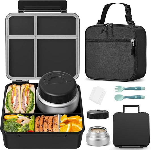 Kids Bento Lunch Box with Thermos, Leakproof Toddler Bento Box with 9 OZ Insulated Food Jar, Lunch Bag & Utensils 3 or 4 Compartment Container for School Girls Boys