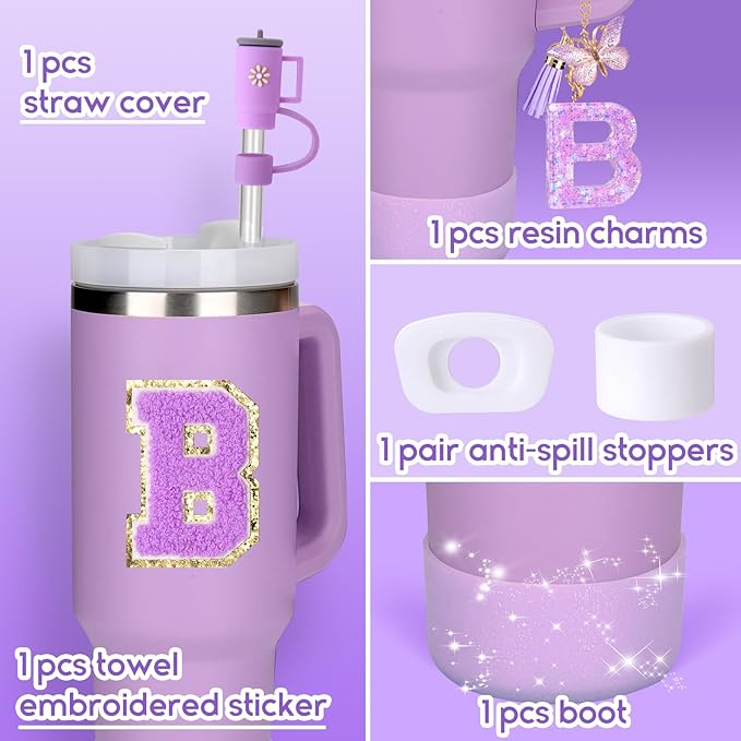 Mity rain 6PCS Cup Accessories Set for Stanley Cup 30oz 40oz tumbler with handle, Including Silicone Straw Topper Cover Cap and Boot, Spill Proof Stopper, Handle Charm, Initials Sticker (Letter B)