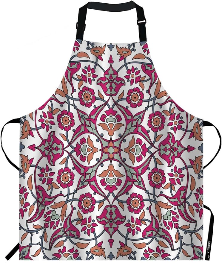 EKOBLA Retro Flower Print Aprons Decorative Vintage Oriental Tribal Floral Ornament Paisley Waterproof Resistant Chef Cooking Kitchen BBQ Adjustable Aprons for Women Men 27x31 Inch