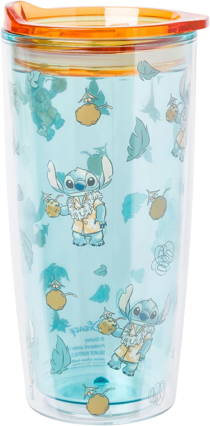 Silver Buffalo Disney Lilo and Stitch Hawaiian Shirt and Coconuts Pattern Double Wall Travel Tumbler with Slide Close Lid, 20 Ounces