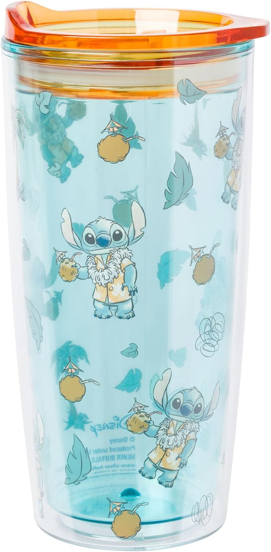 Silver Buffalo Disney Lilo and Stitch Hawaiian Shirt and Coconuts Pattern Double Wall Travel Tumbler with Slide Close Lid, 20 Ounces