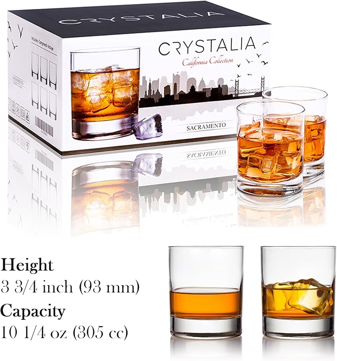 Old Fashioned Whiskey Glass Set, Premium Rocks Glasses for Cocktails and Bourbon, 10 1/4 Oz, Set of 6, Lead-Free Crystal, Bar Drinking Glass Tumbler for Scotch, Cognac, Irish Whisky