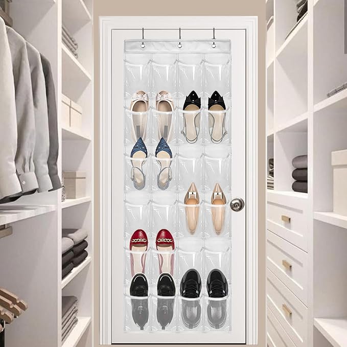 Over The Door Shoe Organizer with 24 Clear Pockets and Metal Hooks – Heavy Duty Hanging Shoe Storage Rack for Closet, Bathroom, Dorm – Space Saving Organizer for Shoes, Accessories, Toys (White)