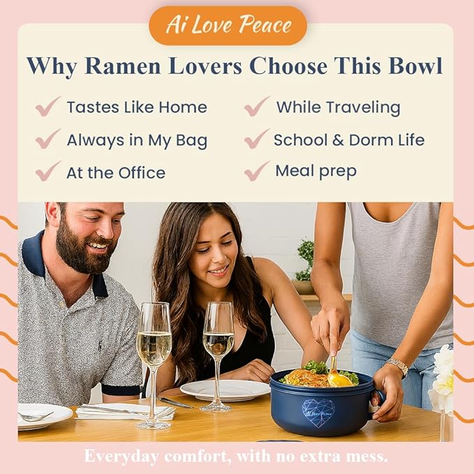 AI LOVE PEACE Ramen Bowl, 40 oz Microwaveable Noodle Cooker for Ramen, Pho, Soup, and Pasta, Dishwasher Safe and Portable, Ideal for Home, Office, Dorm, or Gift (Pink)