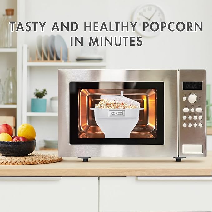 The Original Korcci Microwaveable Silicone Popcorn Popper, Microwave Popcorn Popper, Collapsible Microwave Popcorn Maker Bowl, No Oil Required, Use In Microwave, Dishwasher Safe (White)