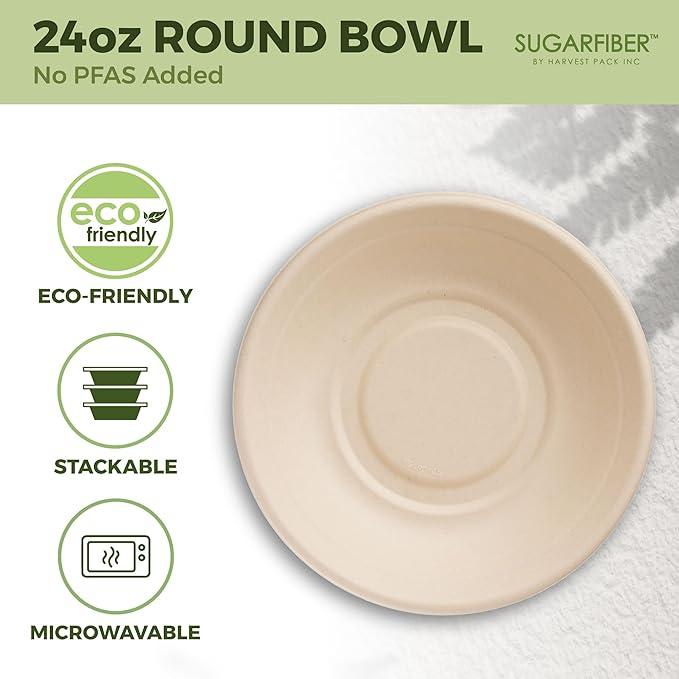 [50 COUNT]Sugarfiber by Harvest Pack PFAS FREE 24oz Round Paper Bowls - Compostable Heavy-Duty Eco-Friendly Disposable Bagasse Bowl sugarcane made plant fibers for Meal Prep