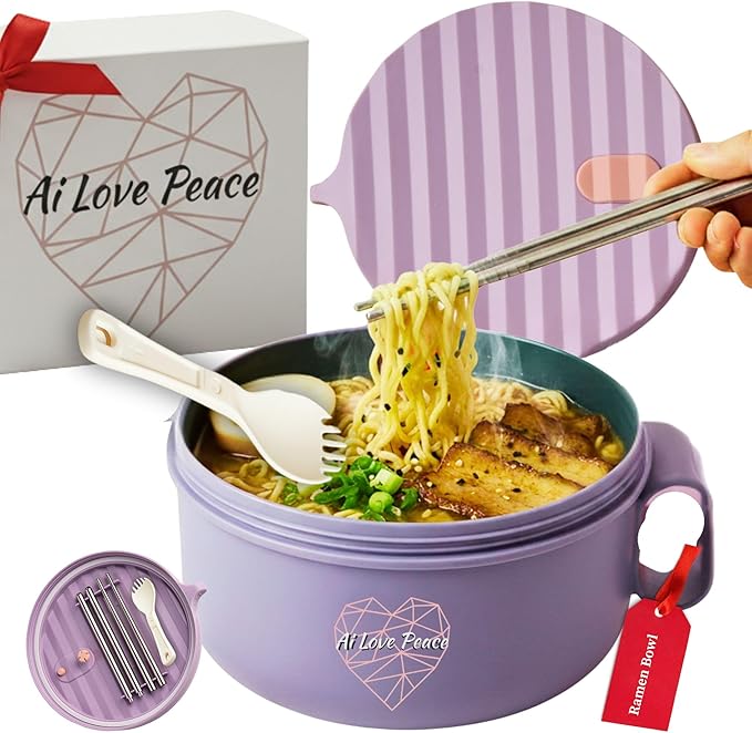 AI LOVE PEACE Ramen Bowl, 40 oz Microwaveable Noodle Cooker for Ramen, Pho, Soup, and Pasta, Dishwasher Safe and Portable, Ideal for Home, Office, Dorm, or Gift (Purple)