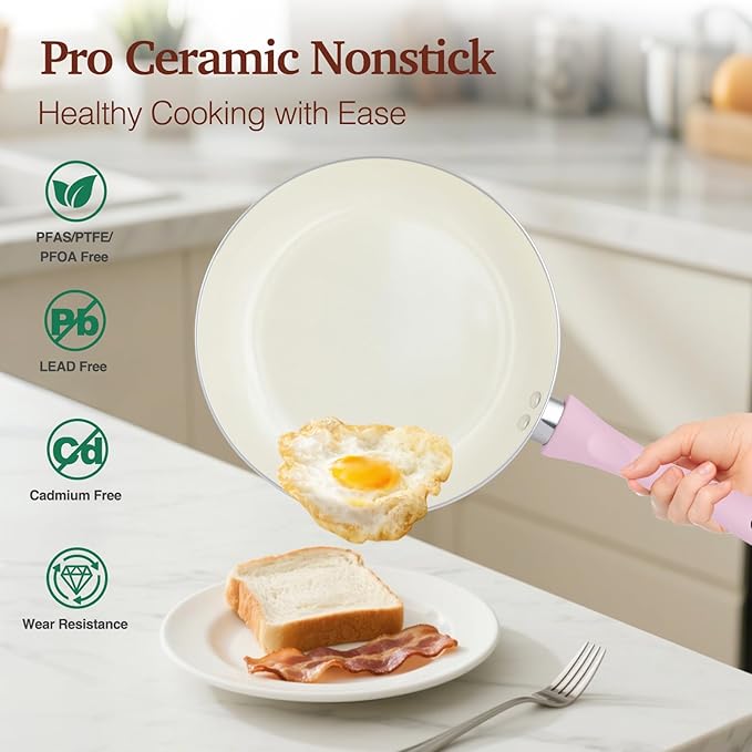 Pots and Pans Set Non Stick, Pink Ceramic Cookware Set, 11-Piece Induction Cookware, Non Toxic Healthy Kitchen Cooking Set, Gold Knobs Lids, Stay-Cool Handles