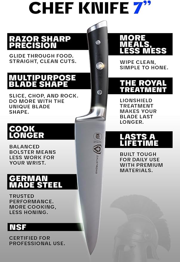 Dalstrong Chef Knife - 7 inch - Gladiator Series Elite - Forged High Carbon German Steel - Razor Sharp Kitchen Knife - Full Tang - Black G10 Handle - Sheath Included - Chef's Knife - NSF Certified