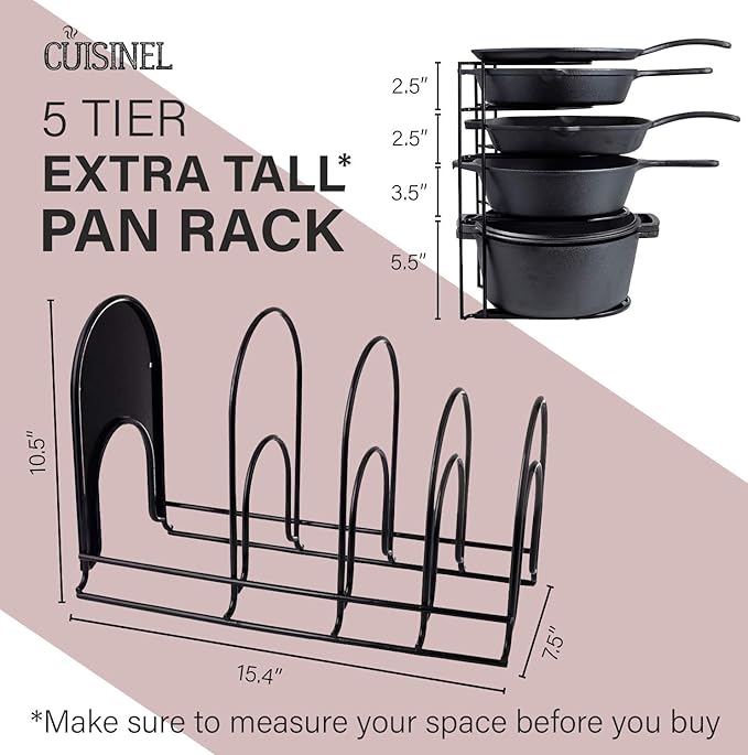 Heavy Duty Pan Organizer, Extra Large 5 Tier Rack - Holds Cast Iron Skillets, Dutch Oven, Griddles - Durable Steel Construction - Space Saving Kitchen Storage - No Assembly Required - Black 15-inch