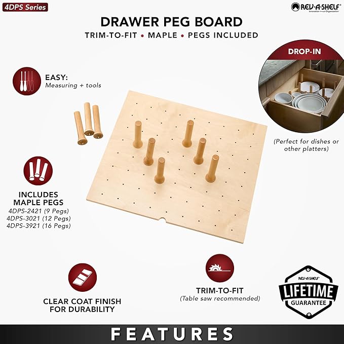 Rev-A-Shelf Trimmable Pegboard Drawer Divider Organizer, Trim to Fit Wooden Kitchen Cabinet Storage Utensil, Pots & Dish Rack, 24" x 21", 4DPS-2421