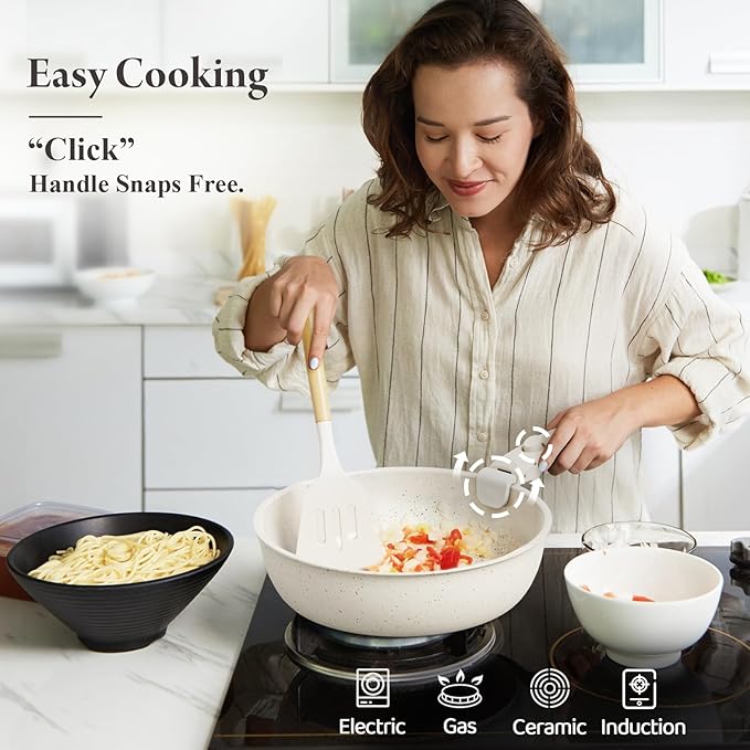 Ceramic Nonstick Cookware Set, Healthy,Non Toxic,17-Pieces Pots and Pans Set Removable Handles,Induction RV Kitchen Set,Stain & Scratch-resistant,Dishwasher/Oven Safe,PFAS/PFOA Free,Cream White